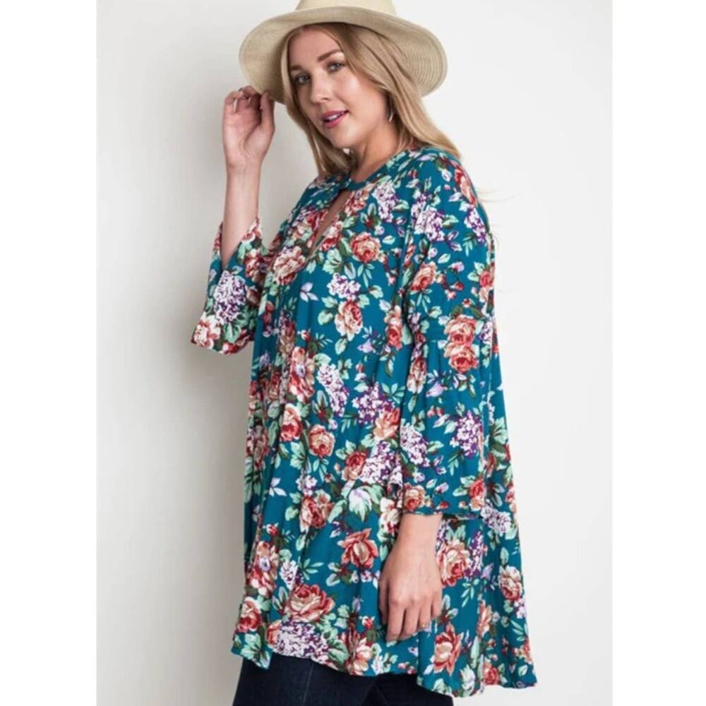 Umgee size medium Teal floral swing tunic shirt oversized blouse